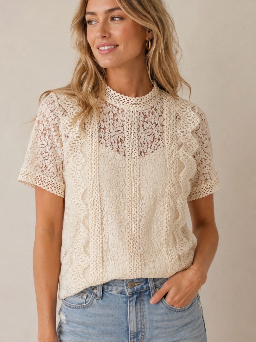 Anthropologie - Blue Tassel Ivory Lace Crochet Short Sleeve Blouse Top – XS